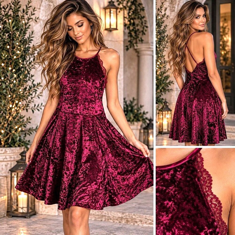 Romantic Goth Velvet 16 Fit Flare Dress Burgundy Lace Cocktail Party Fairygrunge
